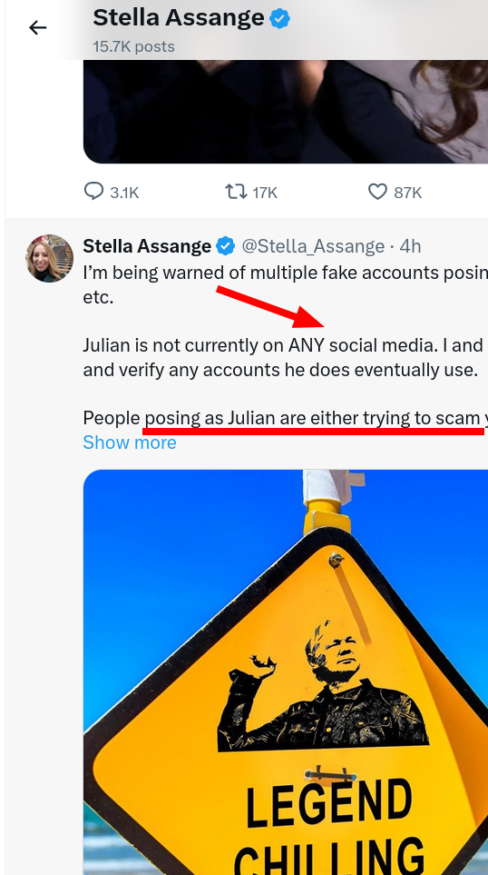 I’m being warned of multiple fake accounts posing as Julian on FB, TG, X etc. Julian is not currently on ANY social media. I and @wikileaks will announce and verify any accounts he does eventually use. People posing as Julian are either trying to scam you, manipulate you or harm Julian’s reputation. Please report them.