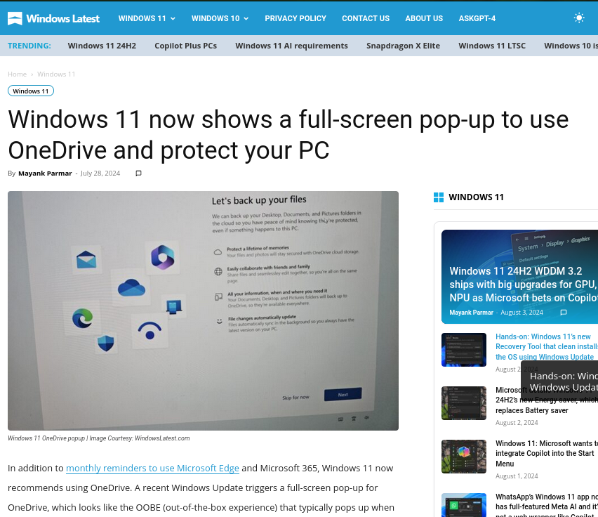 Windows 11 now shows a full-screen pop-up to use OneDrive and protect your PC