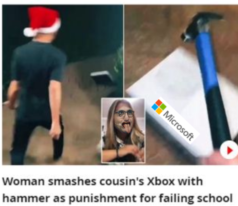 A woman smashes cousin's XBOX with hammer as punishment for failing