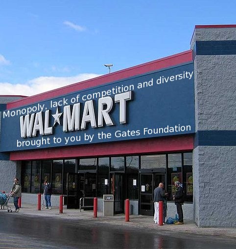 Walmart exterior - Monopoly, lack of competition and diversity; brought to you by the Gates Foundation