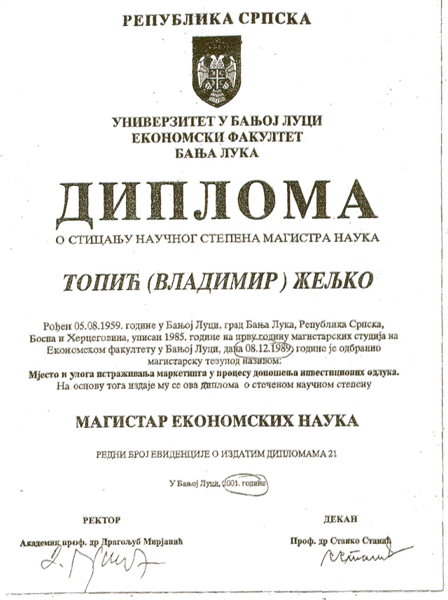 Željko Topić diploma