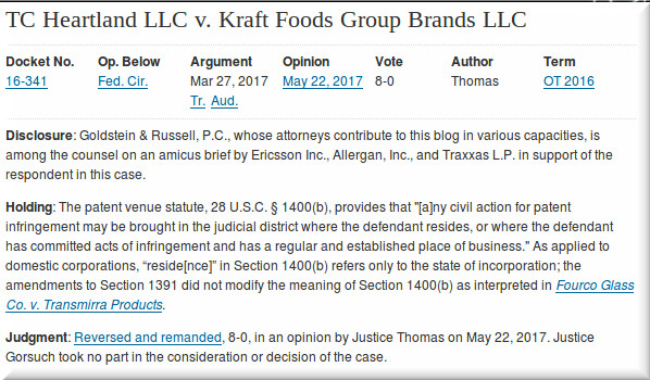 TC Heartland LLC v Kraft Foods Group Brands LLC