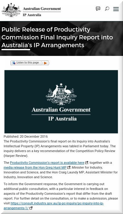 Public Release of Productivity Commission Final Inquiry Report into Australia’s IP Arrangements