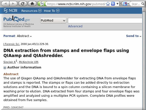 DNA extraction from stamps and envelope flaps using QIAamp and QIAshredder.