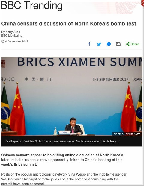 China censors discussion of North Korea's bomb test