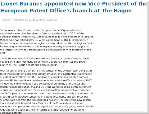 Lionel Baranes appointed new Vice-President of the European Patent Office's branch at The Hague