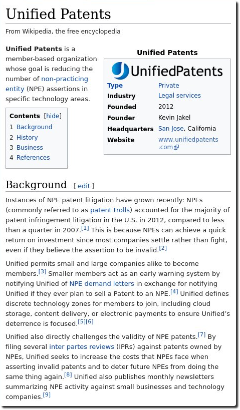 Wikipedia on Unified Patents