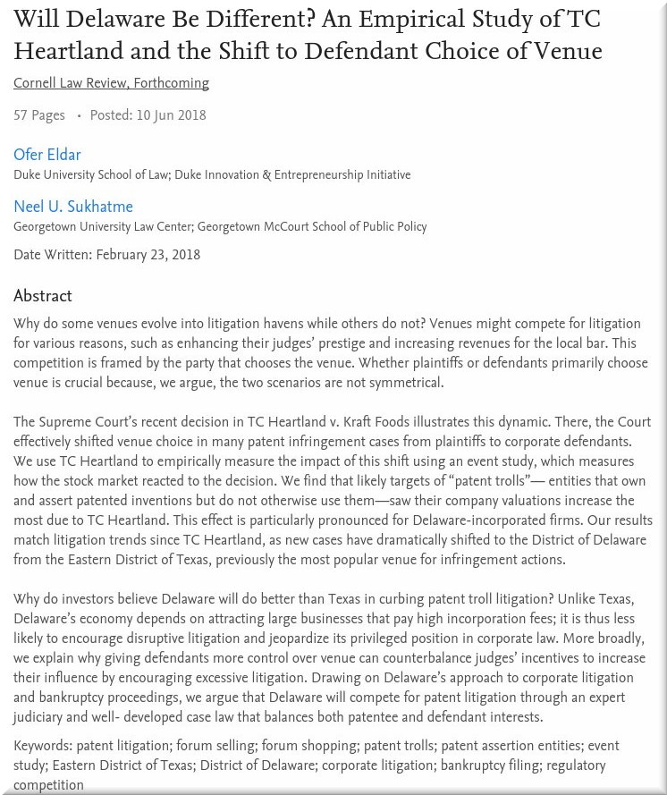 Will Delaware Be Different? An Empirical Study of TC Heartland and the Shift to Defendant Choice of Venue