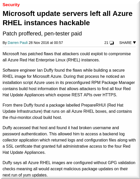 Microsoft update servers left all Azure RHEL instances hackable