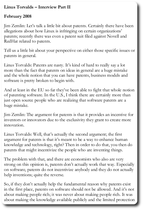 Torvalds on Software Patents