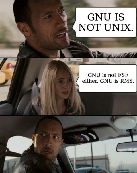 GNU IS NOT UNIX. GNU is not FSF either. GNU is RMS.