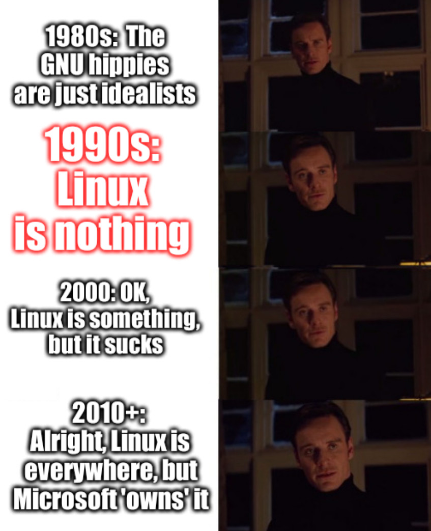 Magneto perfection: 1980s: The GNU hippies are just idealists; 1990s: Linux is nothing; 2000: OK, Linux is something, but it sucks; 2010+: Alright, Linux is everywhere, but Microsoft 'owns' it