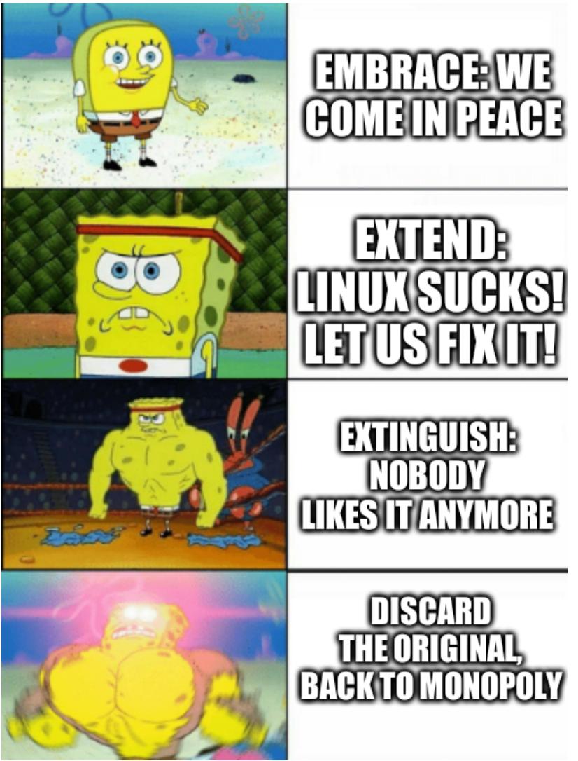 Spongebob Strong: Embrace: we come in peace, Extend: Linux sucks! Let us fix it!, Extinguish: Nobody likes it anymore, Discard the original, back to monopoly