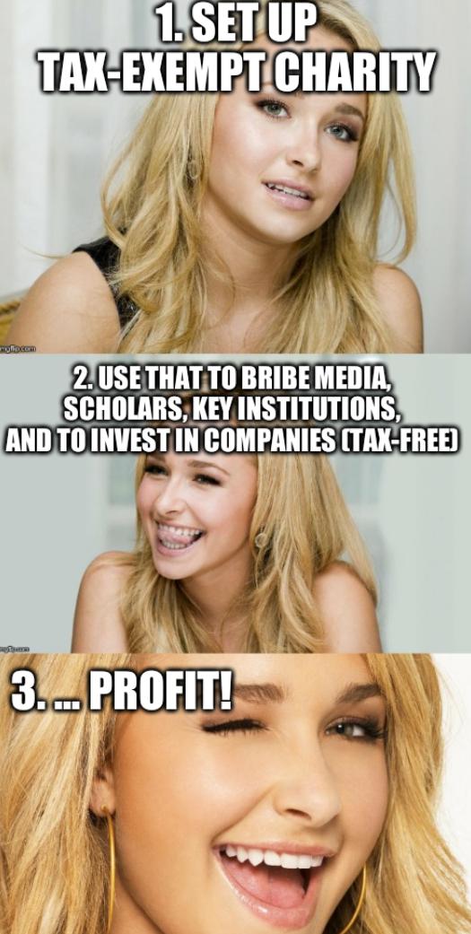 Bad Pun Hayden Panettiere: 1. set up tax-exempt charity 2. use that to bribe media, scholars, key institutions, and to invest in companies (tax-free) 3. ... Profit!
