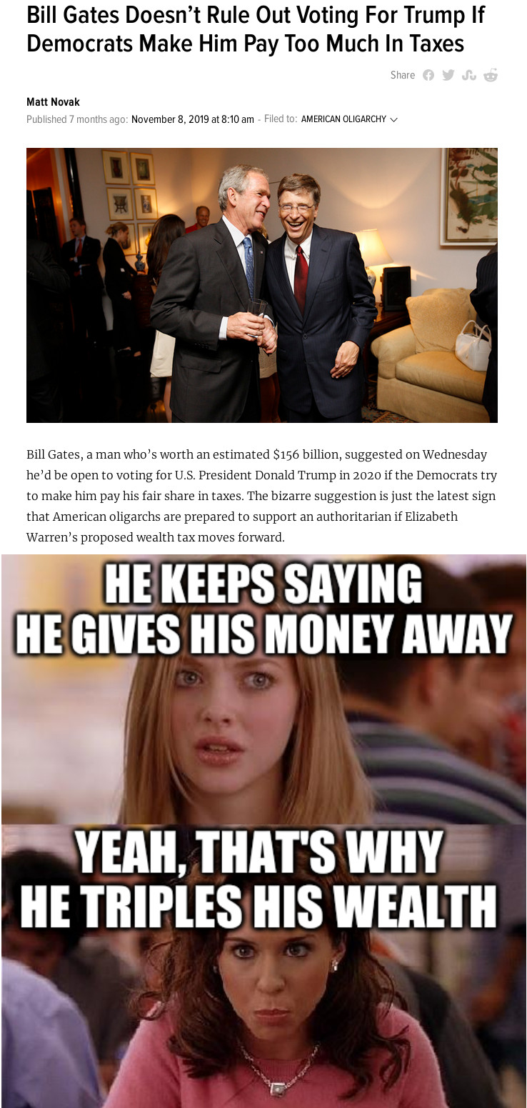 Mean Girls: He keeps saying he gives his money away; Yeah, that's why he triples his wealth