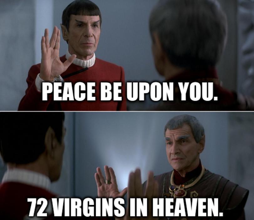 Spock Sarek Star Trek Peace Sign: Peace be upon you. 72 Virgins in Heaven.