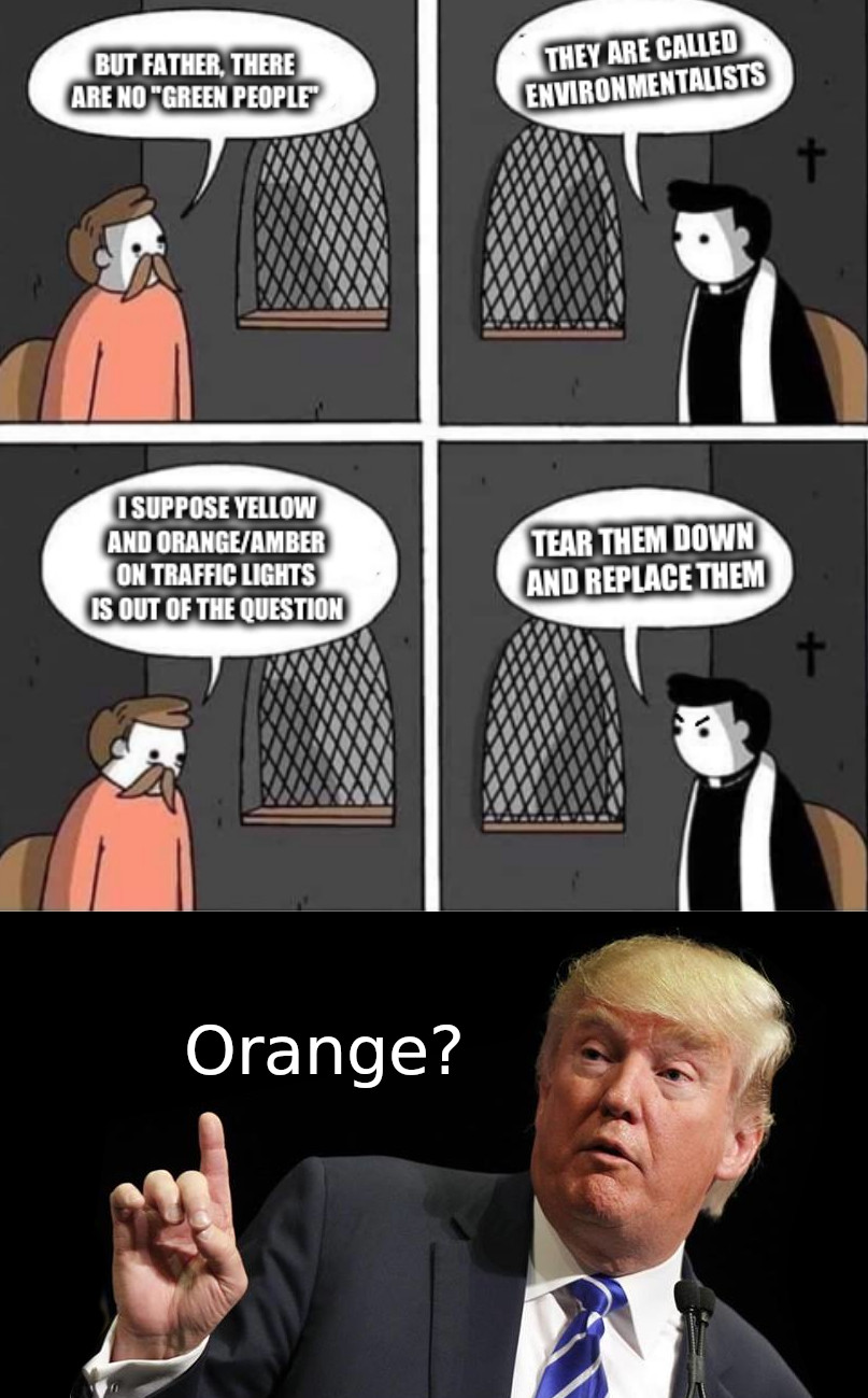 CONFESSIONAL BOOTH: But father, there are no 'green people'. They are called environmentalists. I suppose yellow and orange/amber on traffic lights is out of the question. Tear them down and replace them.