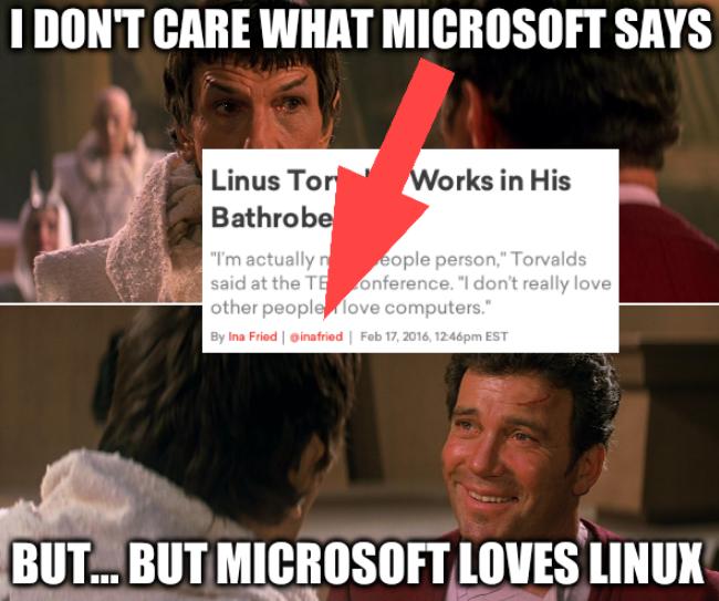 Kirk Spock Star Trek III bathrobe: I don't care what Microsoft says; But... but Microsoft loves Linux