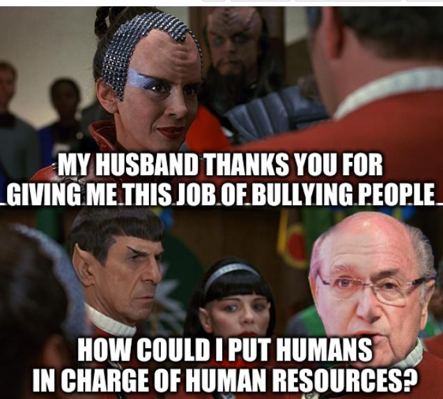 Kirk Klingon Star Trek TUC meeting: My husband thanks you for giving me this job of bullying people; How could I put humans in charge of Human Resources?
