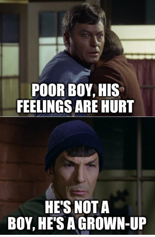 Star Trek City Edith Keeler: Poor boy, his feelings are hurt. He's not a boy, he's a grown-up.