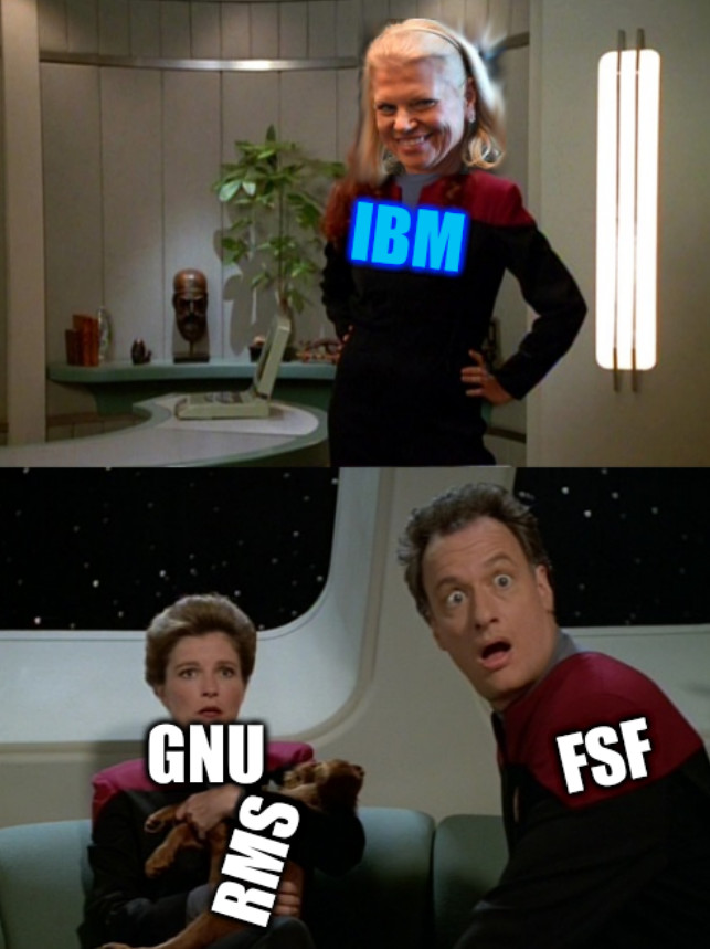 Janeway and Q: FSF, RMS, IBM, GNU