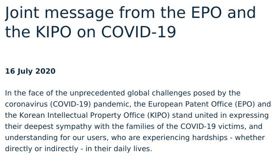 Joint message from the EPO and the KIPO on COVID-19