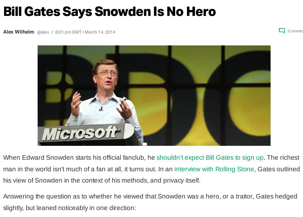 Bill Gates Says Snowden Is No Hero