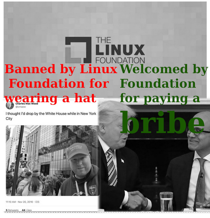 Banned by Linux Foundation for wearing a hat; Welcomed by Linux Foundation for paying a bribe