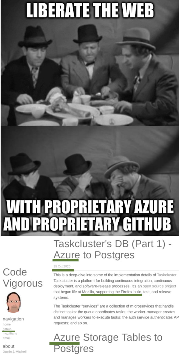 Three Stooges: Liberate the Web, with proprietary Azure and proprietary GitHub