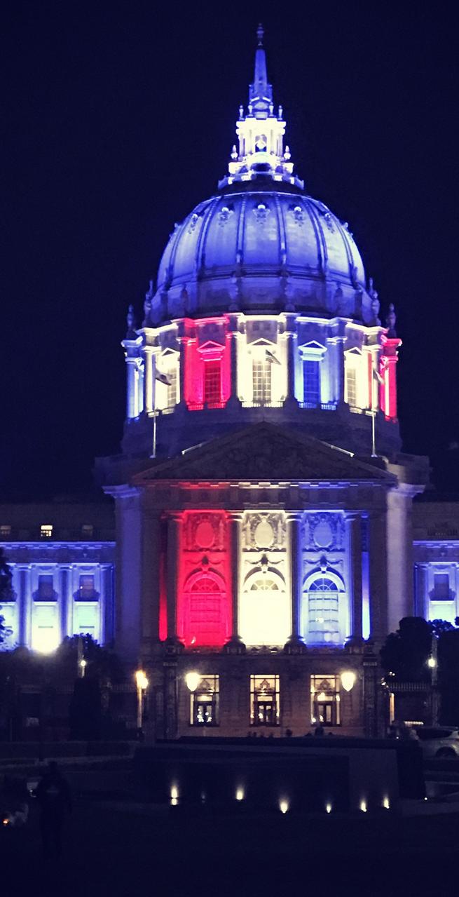 SF City Hall at night on Election Day 2018