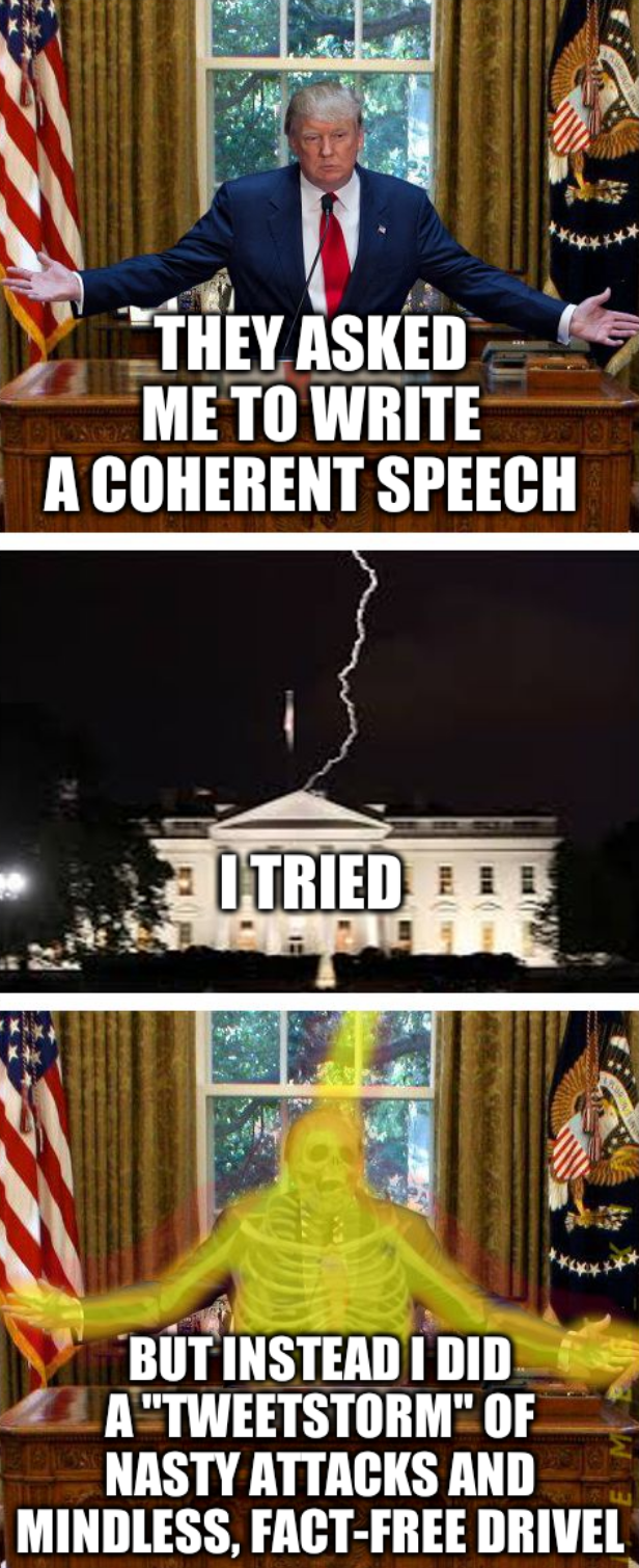 They asked me to write a coherent speech; I tried; But instead I did a 'tweetstorm' of nasty attacks and mindless, fact-free drivel