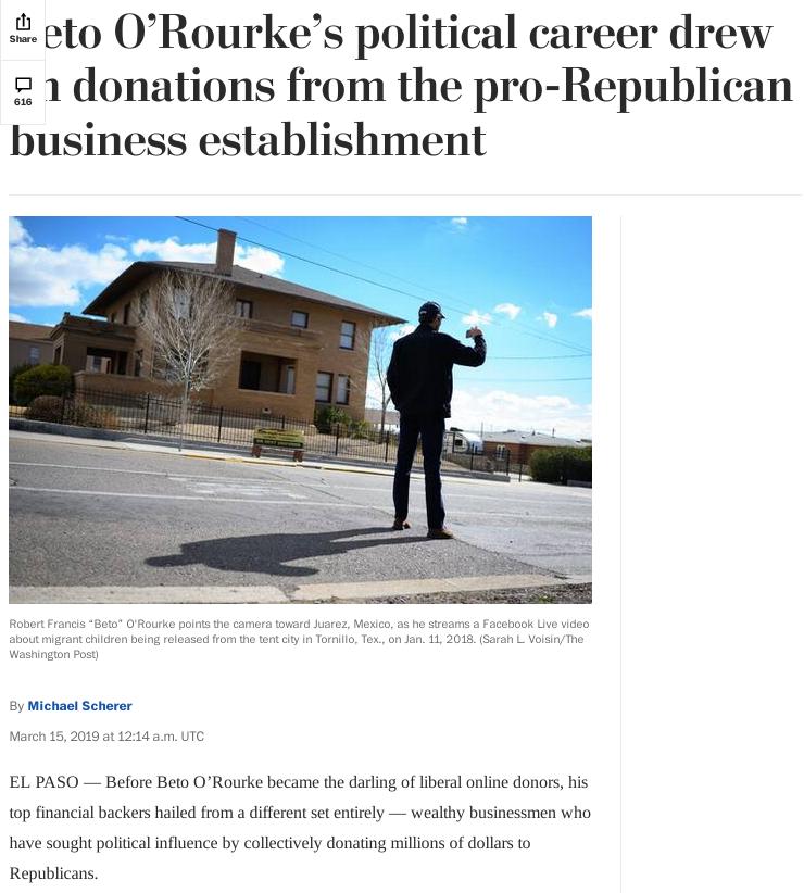 Beto O’Rourke’s political career drew on donations from the pro-Republican business establishment
