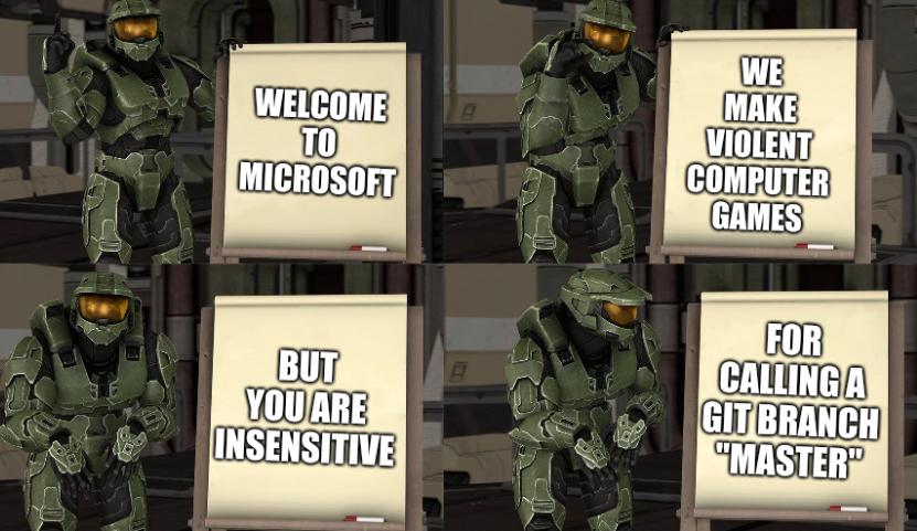 Master Chief's Plan-(Despicable Me Halo): Welcome to Microsoft, We make violent computer games, But you are insensitive, For calling a git branch 'master'