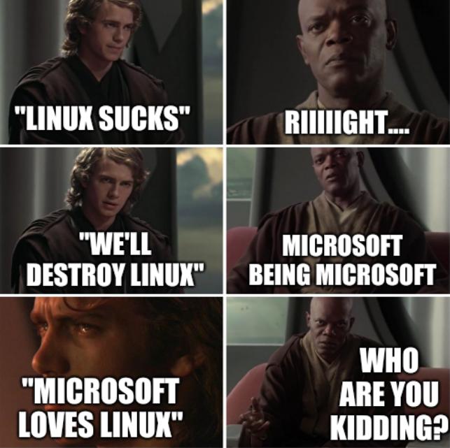 We do not grant you the rank of master: Linux sucks; Riiiiight.... We'll destroy Linux; Microsoft being Microsoft; Microsoft loves Linux; Who are you kidding?