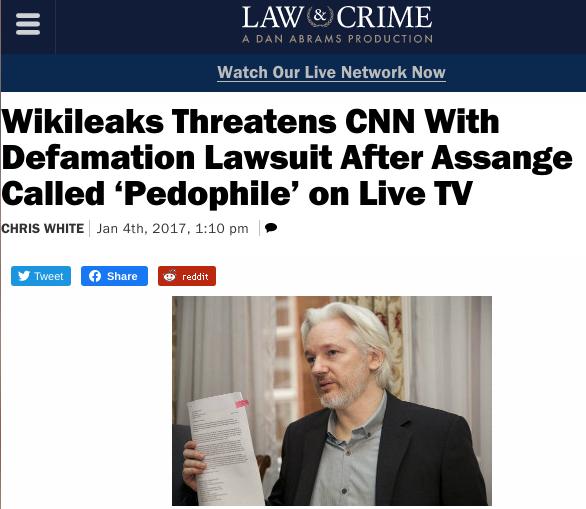 Wikileaks Threatens CNN With Defamation Lawsuit After Assange Called ‘Pedophile’ on Live TV