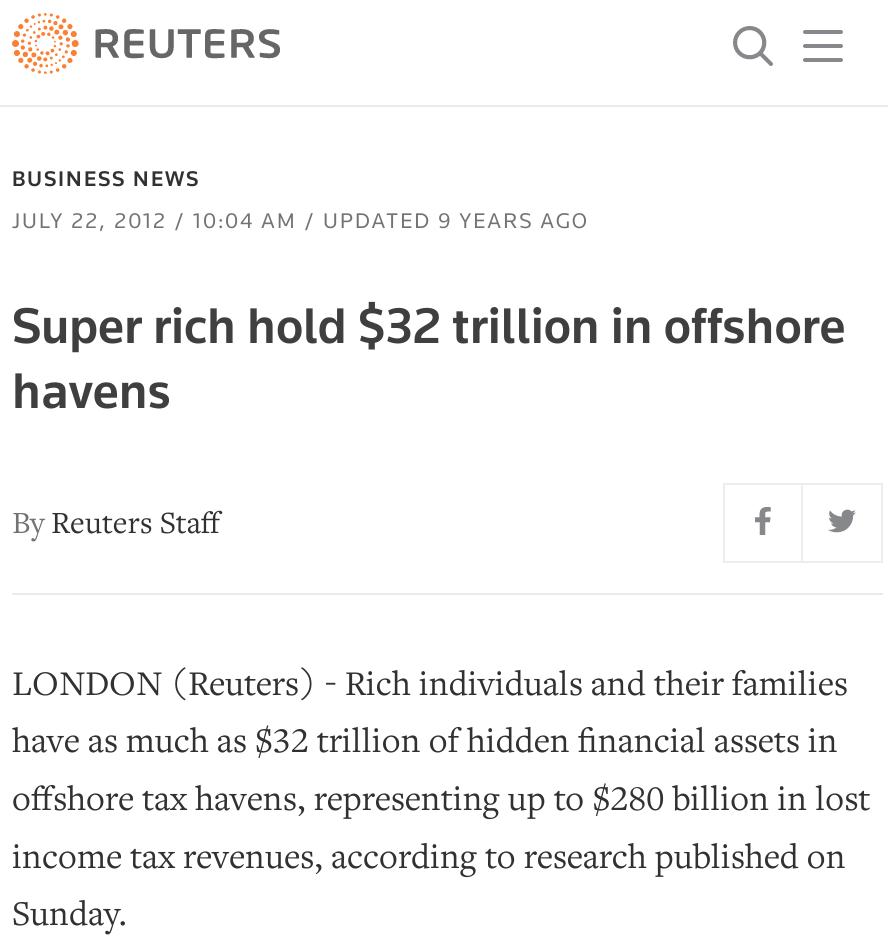 Super rich hold $32 trillion in offshore havens