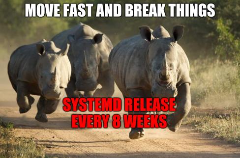 Move fast and break things; systemd release every 8 weeks