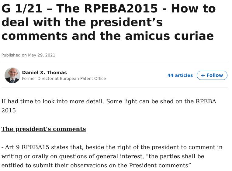 G 1/21 – The RPEBA2015 - How to deal with the president’s comments and the amicus curiae