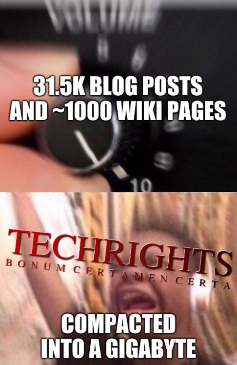 Turn up the volume: 31.5k blog posts and ~1000 wiki pages... Compacted into a gigabyte