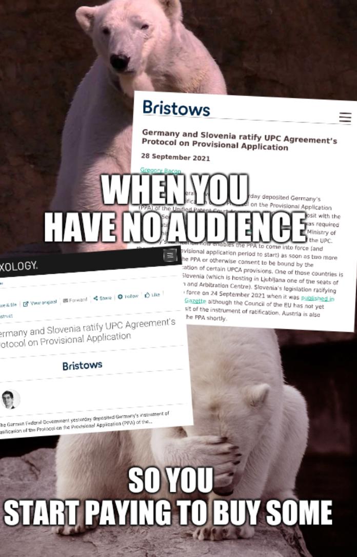 Bad joke polar bear: When you have no audience, so you start paying to buy some