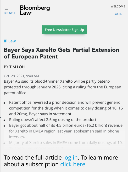 Bayer Says Xarelto Gets Partial Extension of European Patent