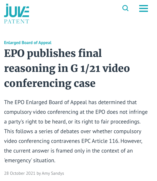 EPO publishes final reasoning in G 1/21 video conferencing case