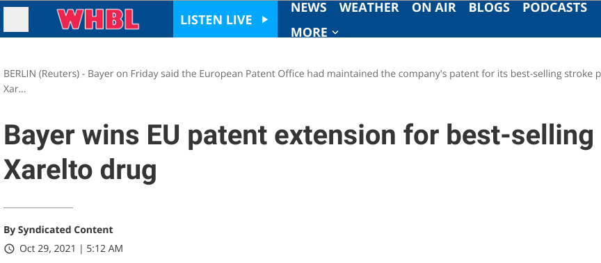 Bayer wins EU patent extension for best-selling Xarelto drug