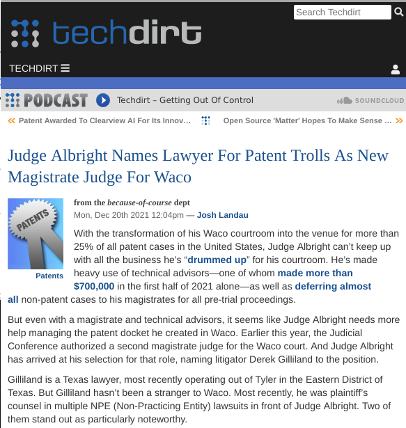 Judge Albright Names Lawyer For Patent Trolls As New Magistrate Judge For Waco