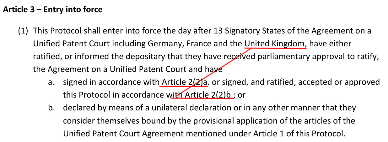 Protocol to the Agreement on Unified Patent Court on provisional application
