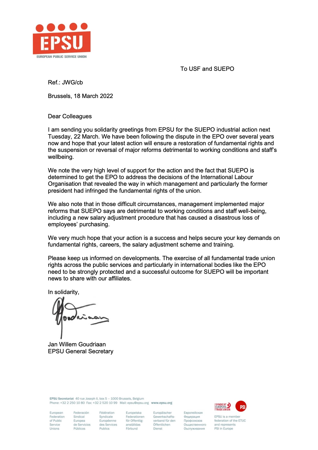 European Federation of Public Service Unions (EPSU) letter