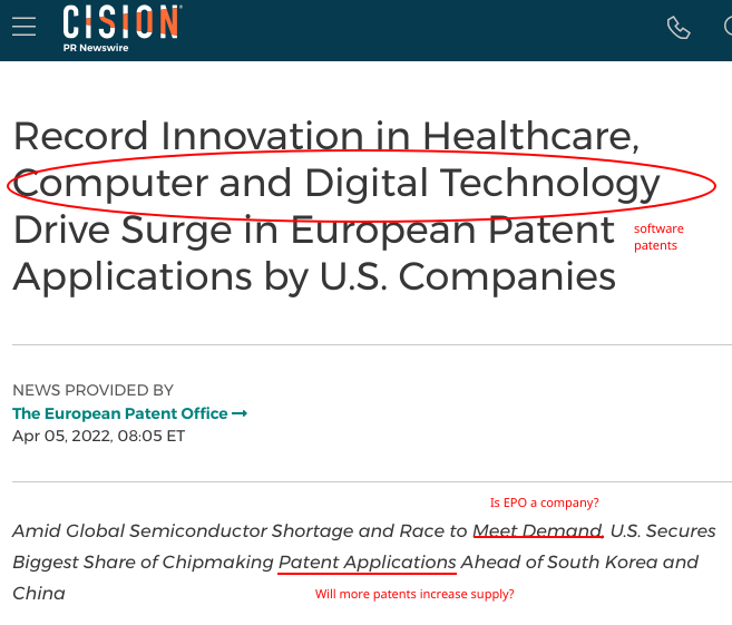 Record Innovation in Healthcare, Computer and Digital Technology Drive Surge in European Patent Applications by U.S. Companies: On software patents, Will more patents increase supply? Is EPO a company?