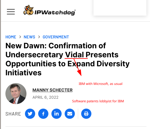 New Dawn: Confirmation of Undersecretary Vidal Presents Opportunities to Expand Diversity Initiatives: IBM with Microsoft, as usual; Software patents lobbyist for IBM