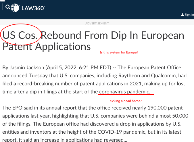 US Cos. Rebound From Dip In European Patent Applications: Is this system for Europe? Kicking a dead horse?