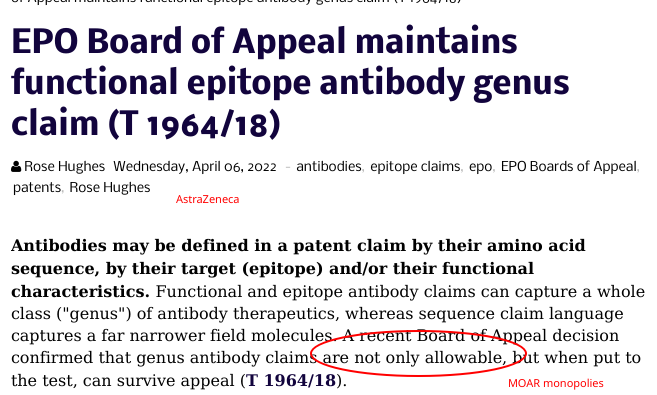 EPO Board of Appeal maintains functional epitope antibody genus claim (T 1964/18): AstraZeneca on MOAR monopolies
